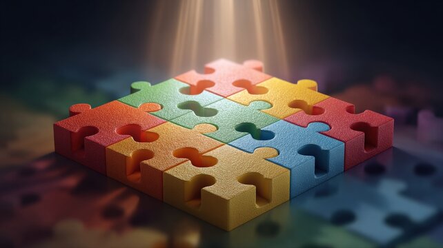 A brightly colored 3D rendering of a solved puzzle, with light shining on it, symbolizing success and clarity