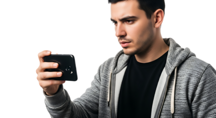Man in gray hoodie looking at smartphone in horizontal position against black background in studio shot transparent background