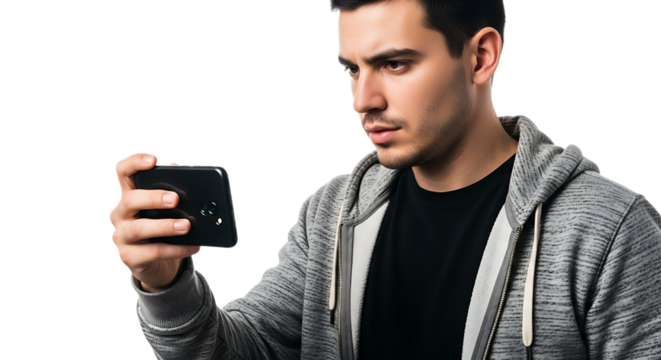 Man in gray hoodie looking at smartphone in horizontal position against black background in studio shot transparent background