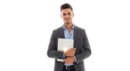 Man in a suit holding a tablet with a smile on a black background looking at the camera with confidence transparent background