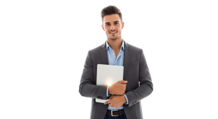 Man in a suit holding a tablet with a smile on a black background looking at the camera with confidence transparent background