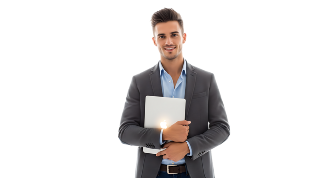 Man in a suit holding a tablet with a smile on a black background looking at the camera with confidence transparent background