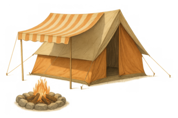 Retro styled canvas tent with an awning and separate burning campfire, depicting a classic wilderness escape in nature