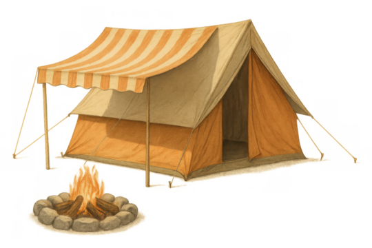 Retro styled canvas tent with an awning and separate burning campfire, depicting a classic wilderness escape in nature
