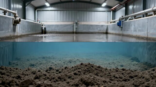 Medium shot of gravity sludge thickening tank with settling solids and clear water layer above in industrial wastewater treatment plant.