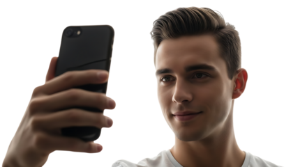 A young man taking a selfie with his smartphone in a well lit environment against a black background transparent background