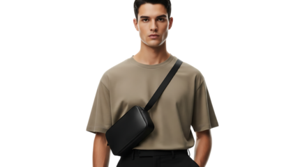 Man in beige shirt and black pants wearing a black crossbody bag in a studio setting looking forward transparent background