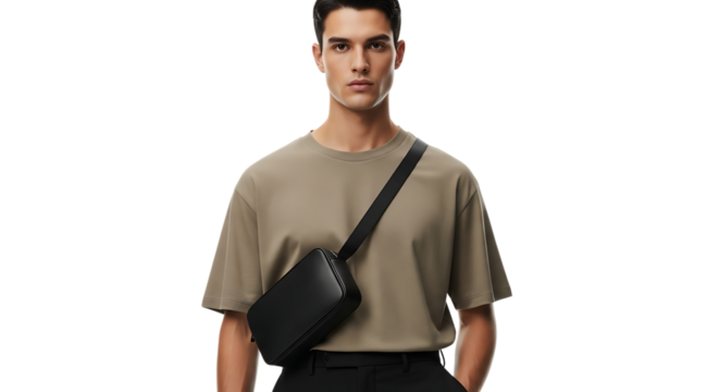 Man in beige shirt and black pants wearing a black crossbody bag in a studio setting looking forward transparent background