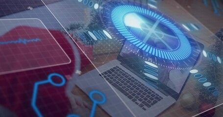 Typing three women in red-sleeved and gray-sleeved tops at home desk with open laptop overlay