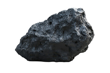 A large. rugged black rock with a rough texture. prominently displayed against a white background. ideal for use in geological studies. natural history presentations. or environmental education
