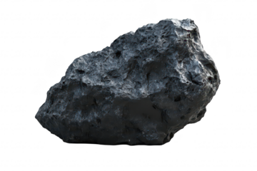 A large. rugged black rock with a rough texture. prominently displayed against a white background. ideal for use in geological studies. natural history presentations. or environmental education