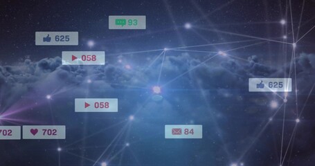 Fototapeta premium Pulsing central network node and notification badges hovering over cloud layer, showing counts