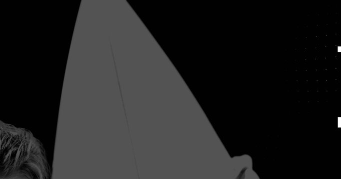 Showing large grey curved object in studio, featuring partial head, dotted grid, white rectangles