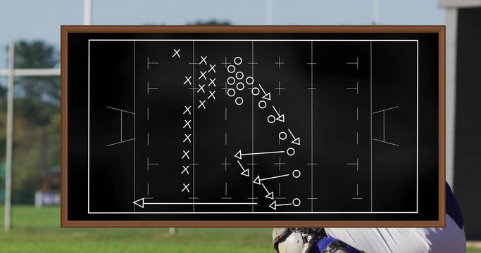 Showing framed chalkboard with Xs Os diagram on field, helmeted player with shoulder pads watching - Powered by Adobe
