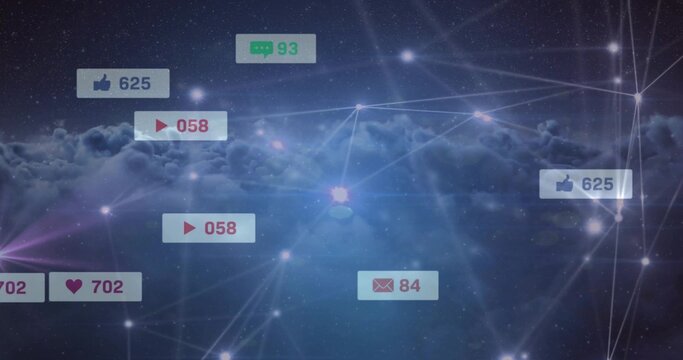 Pulsing central network node and notification badges hovering over cloud layer, showing counts