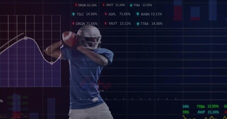 Preparing football player wearing white helmet holding ball near shoulder in studio, with analytics