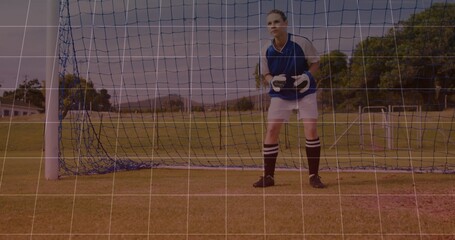 Standing female goalkeeper wearing navy jersey and goalkeeper gloves in goal on grass, copy space