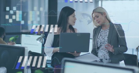 Working Asian woman holding laptop and manager in blazer gesturing papers in office, data overlays