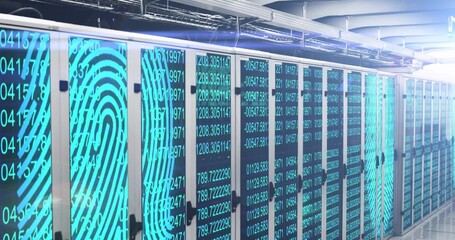 Showing centered server racks with LED panels and fingerprint motif in data center, with cables © vectorfusionart