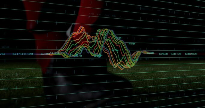 Displaying centered multicolor waveform overlaying turf at night, with teal grid labels, red shorts