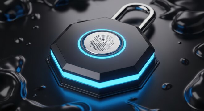 Secure biometric padlock with glowing blue accents symbolizes high-tech protection and digital security on a dark surface