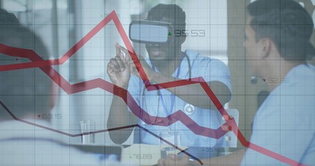 Interacting doctor in scrubs reaching charts in lab with VR headset, stethoscope, red trend overlay