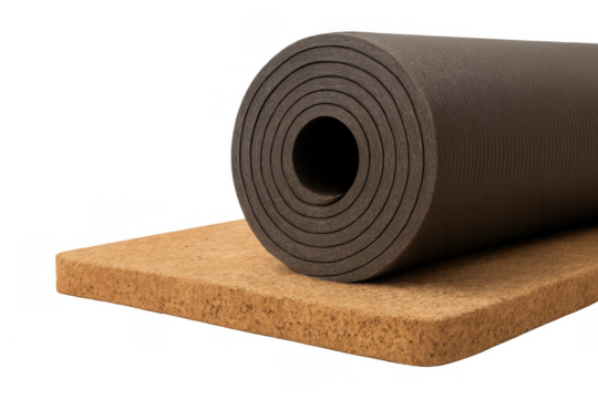 Rolled yoga mat resting on cork block representing fitness, wellness, and mindful exercise with a transparent background - Powered by Adobe
