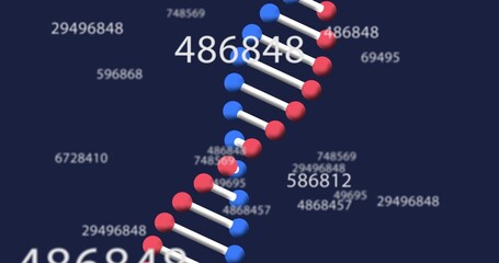 Rotating stylized DNA helix moving diagonally on navy field, with floating numeric labels and blur