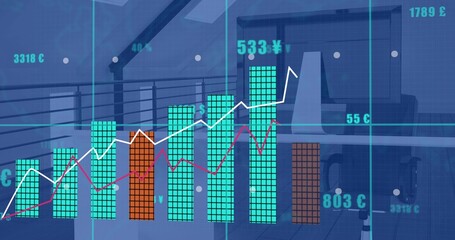 Showing financial charts overlaying office, showing stacked bars, white and red lines, desk monitor
