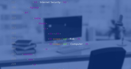 Displaying flat-screen monitor in office showing keyboard and mouse, laptops, chair, HTML overlay