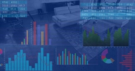 Displaying financial charts overlaying modern office lounge with two sofas, coffee table