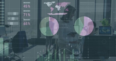 Collaborating office team examining tablet data in office, with pie charts and business casual