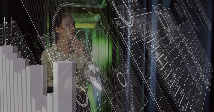 Analyzing mid-adult woman in light blazer scanning holographic panels at data center with 3D bars - Powered by Adobe