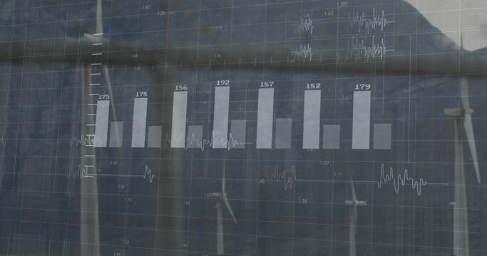 Displaying labeled bar chart and waveform traces on glazed glass with grid, mullions, turbines