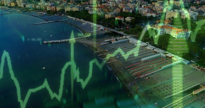 Showing aerial coastal resort merging with green finance overlay, featuring umbrellas and piers
