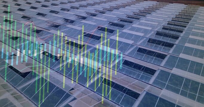 Showing glass facade tilting panes with mullions on office exterior, with financial chart overlay