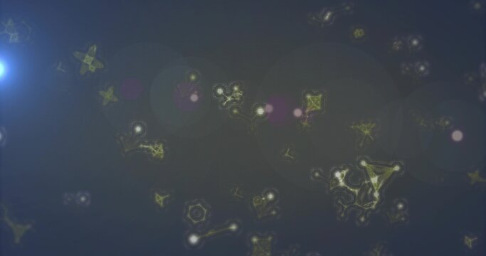Drifting glowing geometric shapes and node clusters moving over bluish-gray field, blue lens flare - Powered by Adobe
