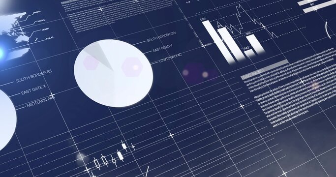 Displaying large pale pie chart left of center on dark-blue dashboard, showing bar and candlesticks