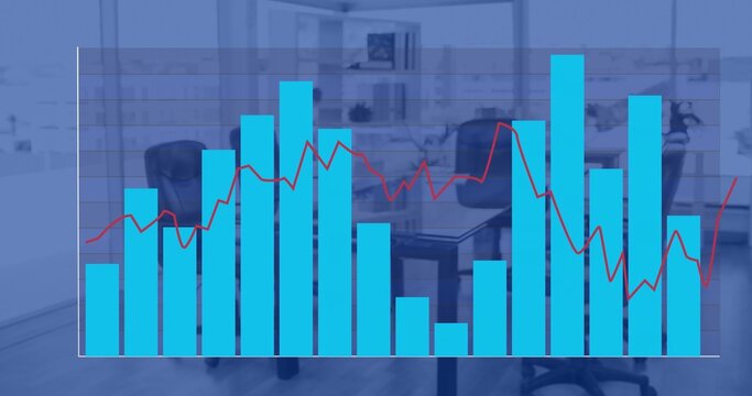 Displaying semi-transparent cyan bar chart, red line and grid in meeting room over table and chairs