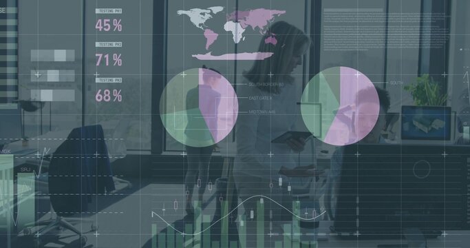 Collaborating office team examining tablet data in office, with pie charts and business casual - Powered by Adobe