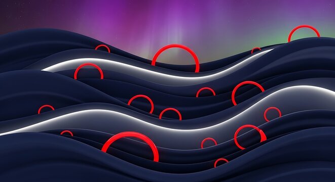 Abstract waves with glowing lines and red circles against aurora background