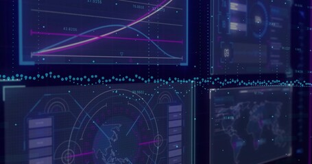 Displaying analytics dashboard panels glowing at command console, showing line charts and radar