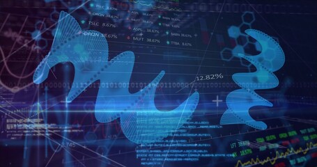 Flowing translucent blue 3D ribbon sweeping over market display, with line graphs and ticker data