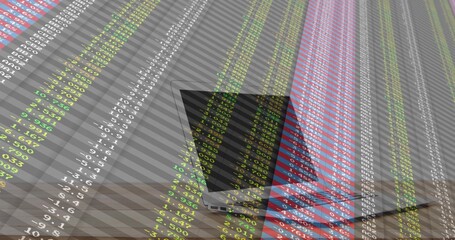 Fototapeta premium Showing silver laptop on wooden desk, with market numbers overlaying screen and diagonal stripes