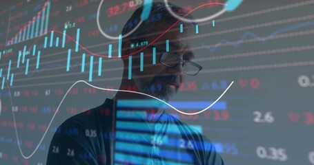 Analyzing bearded trader in dark jacket, glasses studying market in office, with candlestick charts