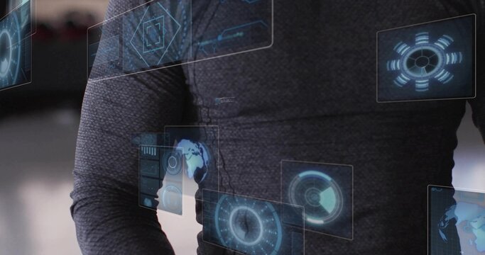 Projecting torso wearing dark long-sleeve top, showing hologram HUD with radar globe in tech lab - Powered by Adobe