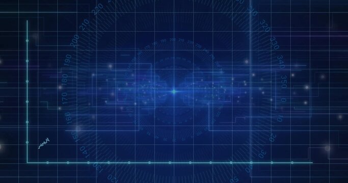 Displaying central data hub glowing within virtual interface, with protractor and turquoise nodes