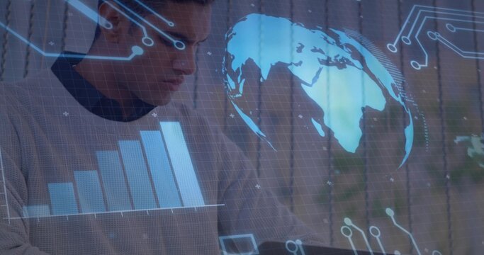 Leaning male wearing knit sweater studying laptop at desk, HUD map and charts, copy space