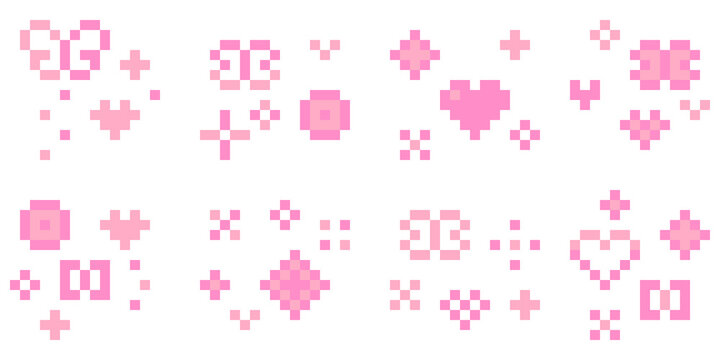 8-bit pixel art shining pink butterfly, flower and heart effect for love, spring, valentines, romantic mood