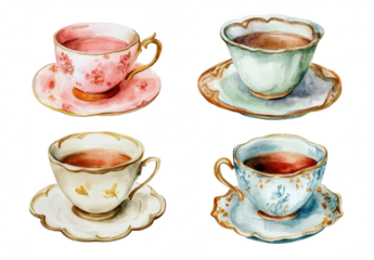 A collection of four beautifully designed watercolor teacups. each with unique floral patterns and colors. arranged on delicate saucers. elegance and charm in a serene setting